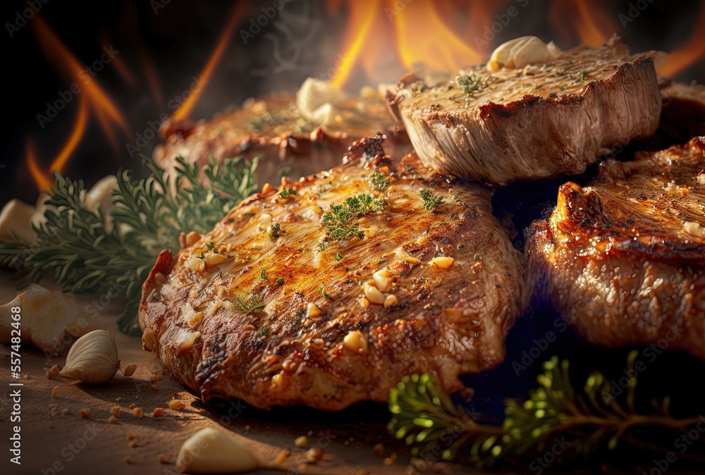 illustration close up of baked pork with garlic with smoke illustration close up of baked pork with garlic with smoke