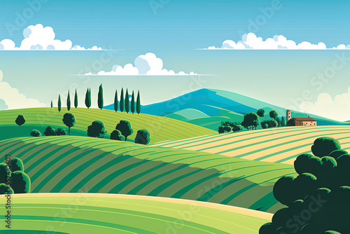 summertime scene of fields. Valley in a cartoon rural landscape with green hills, blue skies, and wavy clouds. horizon grassland vista in the countryside. Generative AI