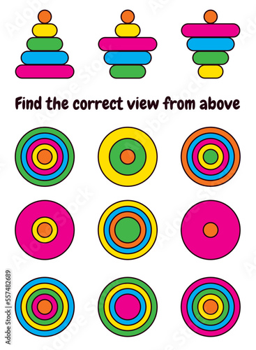 Find the correct view of the pyramid from above. Children puzzle. Educational game for kids. Colorful cartoon characters. Funny vector illustration. Isolated on white background