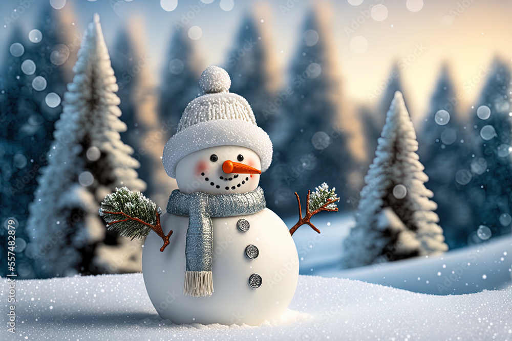 Obraz premium A happy Christmas snowman is displayed against a background of snowy winter scenery. Generative AI