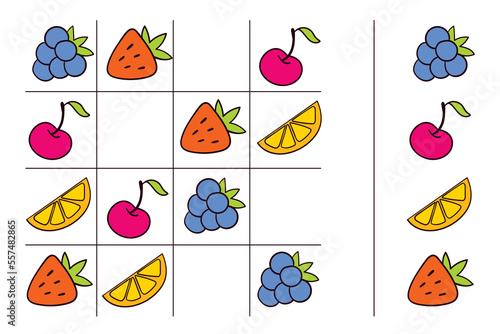 Logical tasks composed of fruit. IQ test. Choose correct answer. Educational game for children. Colorful cartoon characters. Funny vector illustration. Isolated on white background