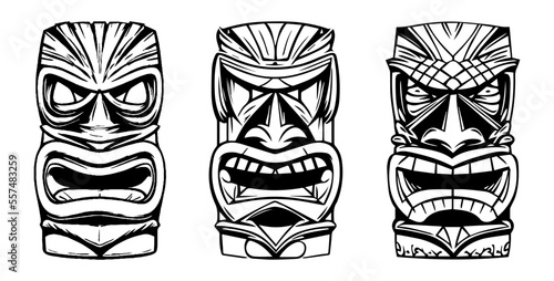 Hawaiian traditional tribal wooden tiki mask in vintage monochrome style isolated hand drawn vector illustration