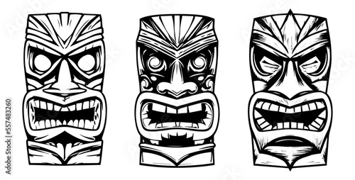 Hawaiian traditional tribal wooden tiki mask in vintage monochrome style isolated hand drawn vector illustration