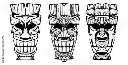 Hawaiian traditional tribal wooden tiki mask in vintage monochrome style isolated hand drawn vector illustration
