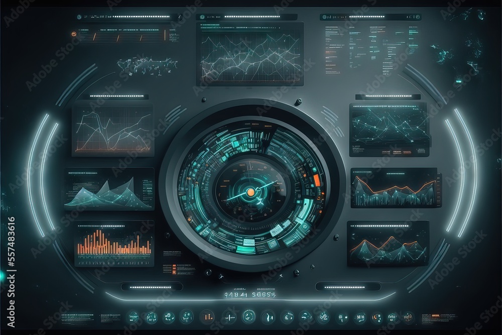 Futuristic Dashboard, with biological, astrological, financial, comercial, and operational data, for entire control