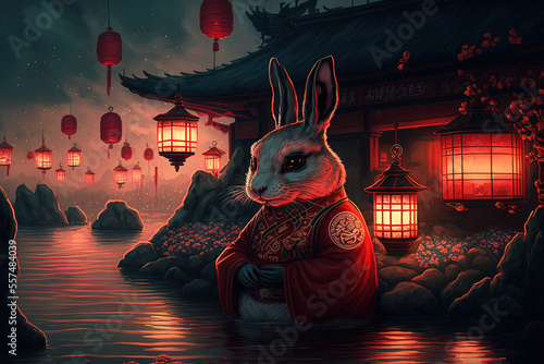 Das Jahr des Wasser Hasen Illustration, chinesisches Horoskop und Neujahrsfest, Laternenfest photo