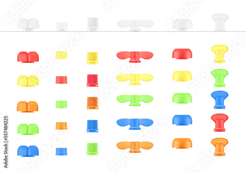 Set of colourful plastic caps for pouch bag. Front view. Vector illustration isolated on white background. It's easy to choose for your product. EPS10.