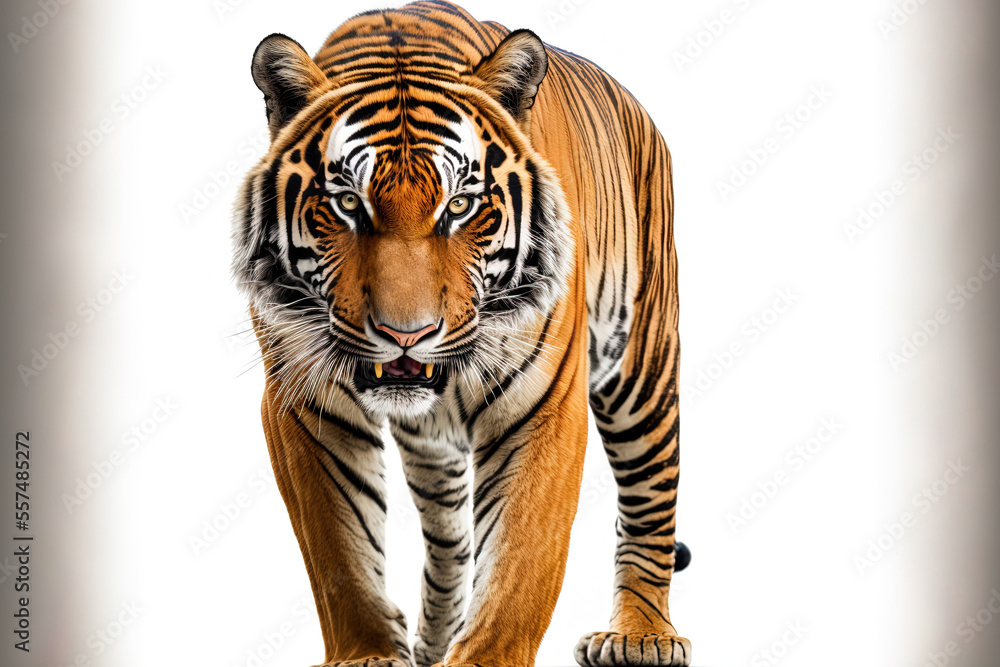 Isolated on a white backdrop, clipping path included, is a royal tiger (P. t. corbetti). The tiger is fixated on its victim. Hunting idea. Generative AI