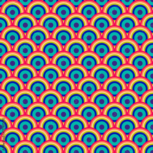 Rainbow overlapping repeating circles background. Japanese style circles seamless pattern. Endless repeated texture. Modern spiral abstract geometric  pattern tiles. 