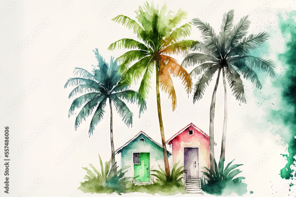 solitary white background with seaside homes. Bungalow with palm trees made by hand in watercolor. front view of little tropical homes. Generative AI