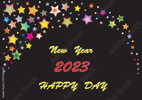 Happy New Year 2023 with fireworks in the background. Banner postcard with New Year celebration in vector for your text, and jpg.