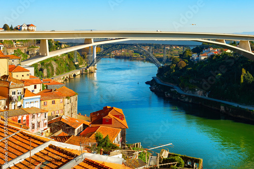 Sunshine cityscape Henrique bridge Porto