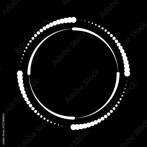 White dots and lines in circle form. Geometric art. Vector illustration. Design element for border frame, round logo, tattoo, sign, symbol, social media, prints, template, flyer, abstract backdrop