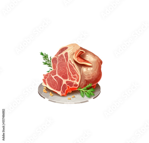 Baked pork knuckle with vegetables on a plate. Vector illustration of pork shank