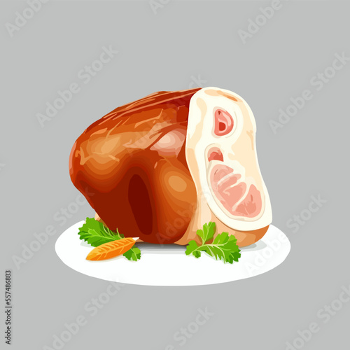 Baked pork knuckle with vegetables on a plate. Vector illustration of pork shank