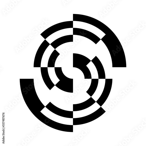 Rotated black shape in circle form. Vector illustration. Design element for technology round logo, social media, striped border frame, poster, blackout tattoo, prints, monochrome pattern, background
