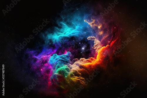 Black background with multicolored fractal nebula dust. Generative AI © 2rogan