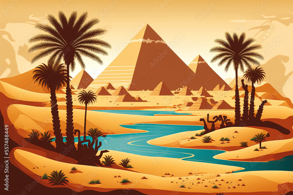 Egyptian river and pyramids in the desert. Generative AI