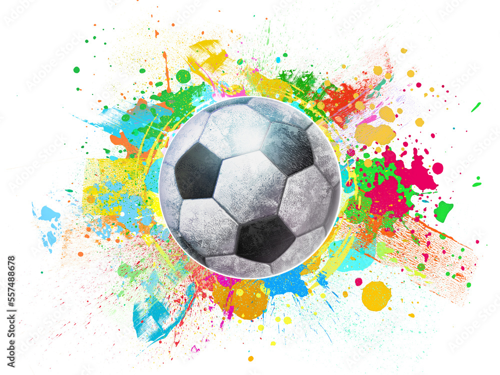 Soccer ball hand-drawn illustration with colorful splash, football icon sketch, in white isolated background, 
