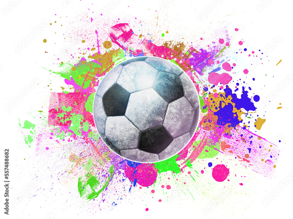 Soccer ball hand-drawn illustration with colorful splash, football icon sketch, in white isolated background, 
