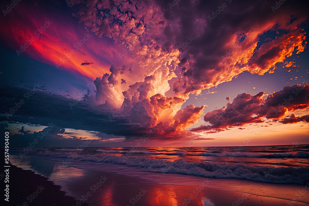 colorful clouds in a cloudscape near the seashore at sunset. Generative AI
