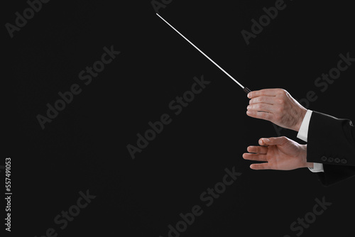 Bilde på lerret Professional conductor with baton on black background, closeup