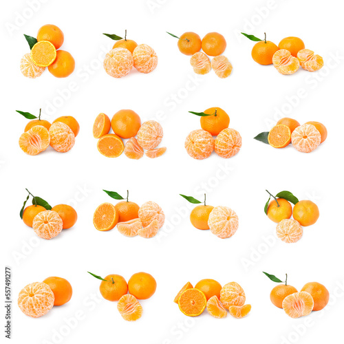 Set with fresh ripe tangerines on white background