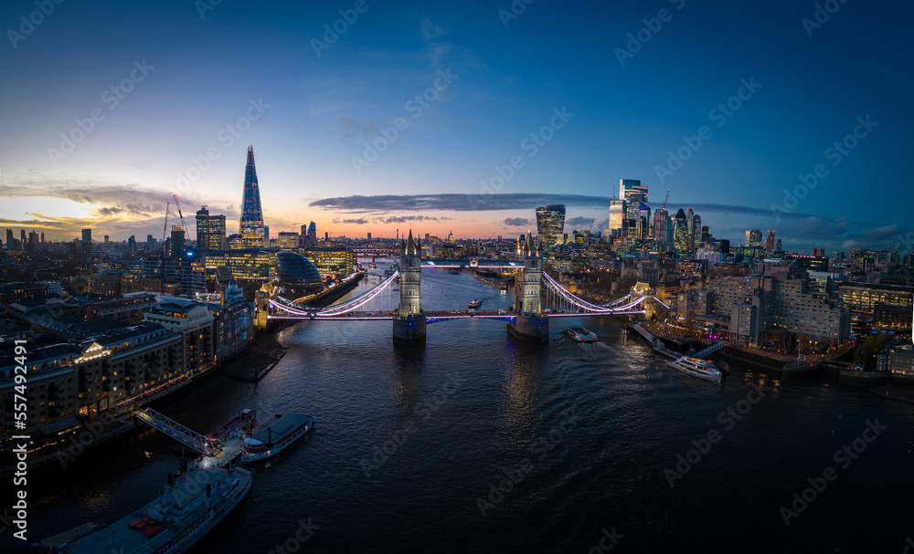 Wonderful evening view over London and Tower Bridge from above - travel photography