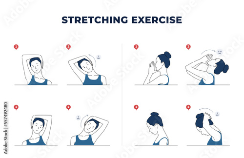Neck and shoulder exercise. Stretch to relieve neck pain. Idea healthy and active lifestyle. Shoulder shrug and head tilt. Easy office workout. Stretching activity. vector line illustration. doodle.