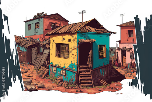 Poor, filthy homes in the slums. Set of ancient, dilapidated, and cartoonish shacks in a run down neighborhood. Urban dwellings in shanties, isolated on a white backdrop. Generative AI