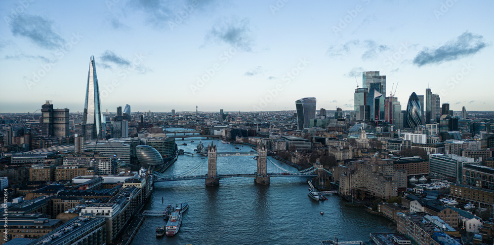Naklejka premium Aerial view over Tower Bridge and the city of London - travel photography
