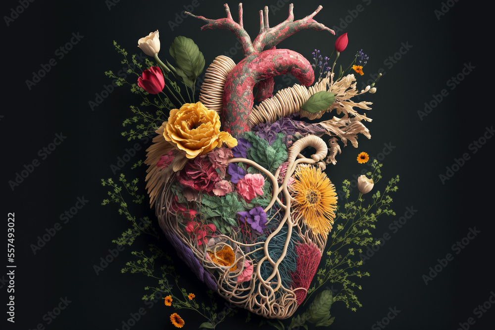 Abstract version of the human heart created with various types of plant life, indicating growth and vitality. Created with generative ai