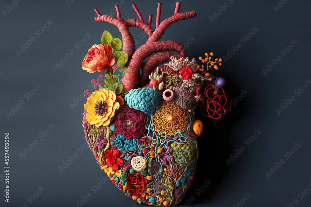 Abstract version of the human heart created with various types of plant life, indicating growth and vitality. Created with generative ai