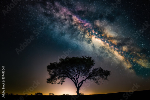 long exposure shot of a tree silhouette with a cloud and the milky way. Generative AI