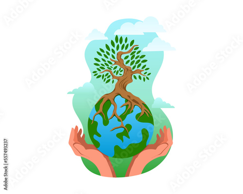 Hand hold earth and tree above. Mother Earth Day. One million trees movement