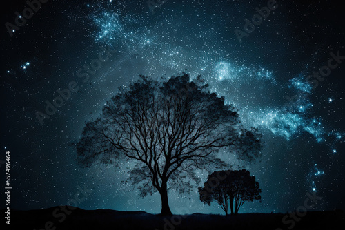 Milky way backdrop trees in a nighttime scene. Generative AI