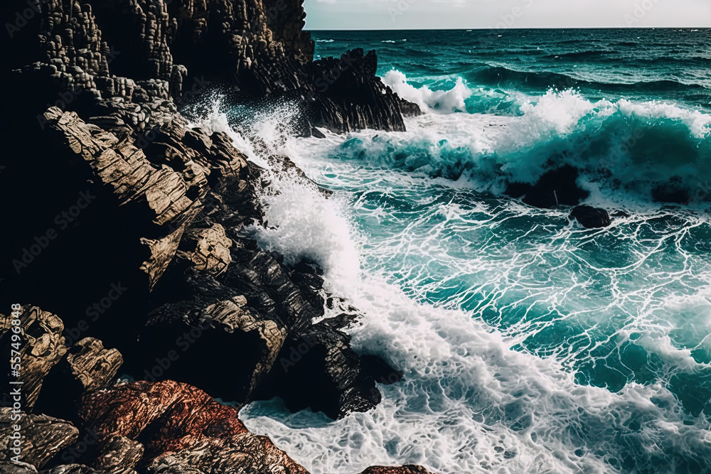 Daytime vertical picture of waves crashing into the rocky coast. Generative AI Daytime vertical picture of waves crashing into the rocky coast. Generative AI