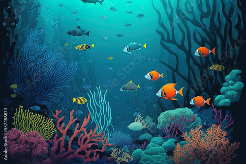 Coral reef underwater view, globe ocean animal landscape. Generative AI