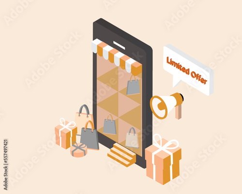 isometric discount sale banner template promotion for e-commerce with smartphone