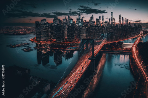 Nighttime aerial view of the New York metropolis seen from the Brooklyn Bridge. Generative AI