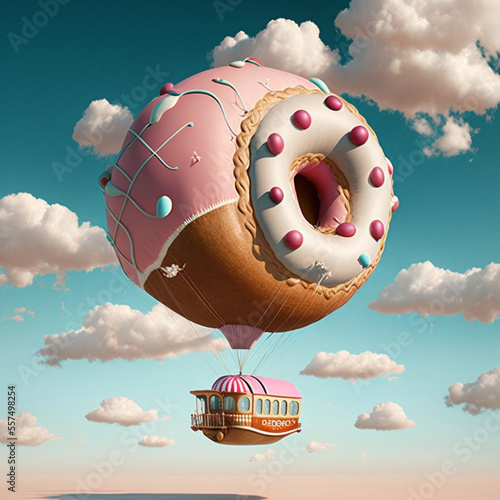Donut as hot air baloon, flying in the sky, Generative AI image photo