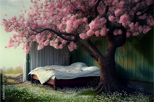 Bed outdoors under a cherry...