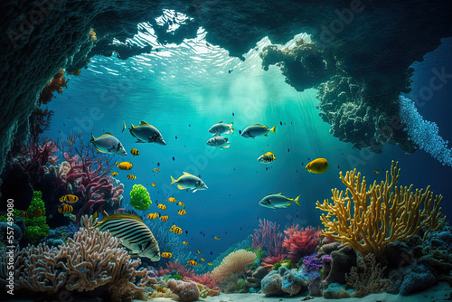 Underwater scene, coral reef, wildlife landscape of the world ocean. Generative AI © 2rogan