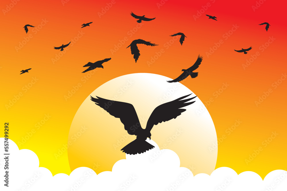 Fototapeta premium Eagle vector. Illustration of a flock of eagles flying in the sky. Beautiful sunset atmosphere