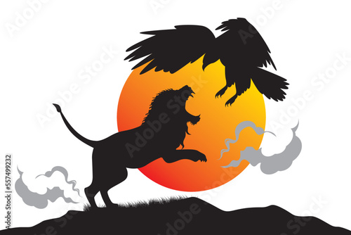 Eagle fight with lion. Vector illustration of eagle and falcon. Ecosystem life in wildlife