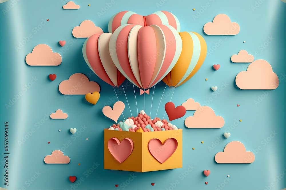 Gift box with heart balloon floating it the sky, Happy Valentine's Day banners, paper art style. Generative AI