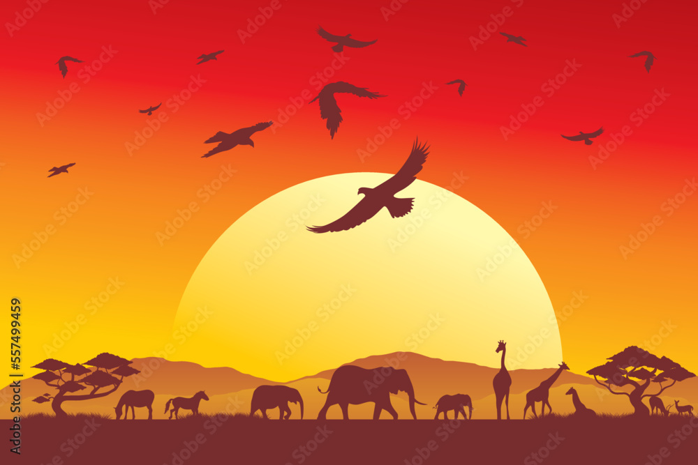 Naklejka premium Sunset at the safari park. Safari park silhouette. Illustration of a view of wildlife on an African safari
