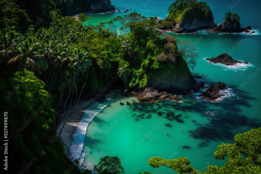 Costa Rica's Manuel Antonio National Park as seen from above. The finest tourist destination and nature reserve on the Pacific Coast, home to abundant wildlife, exotic plants, and lovely beaches