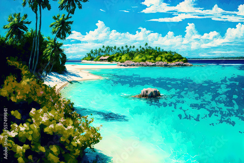 clear water large scale brush painting Summer heat Atlantic atoll. a view of the sea. the ocean. Illustration  digital art. Generative AI © 2rogan