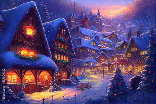 Winter Village - snow-covered idyllic village scene. Modern and contemporary digital oil painting with 3D shading made to look like photorealism by generative AI